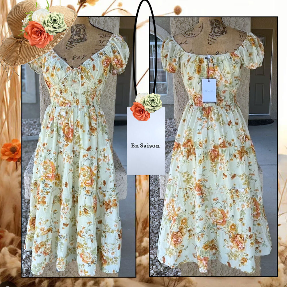 En Saison Milana Smocked Tiered Floral Cotton Midi Dress Size XS